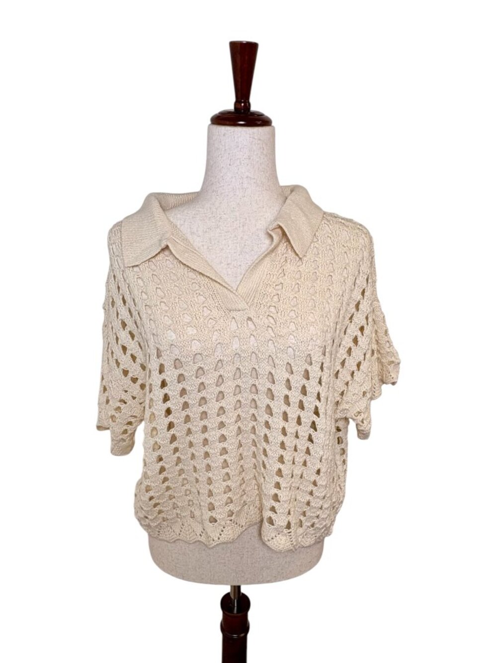 BCX Cream Crochet Knit Collared Polo Short Sleeve Sweater Size Medium
